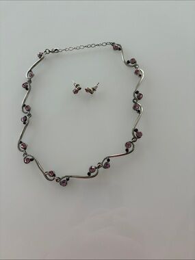 Silver tone Necklace and Stud Earrings Set with Pink Stones